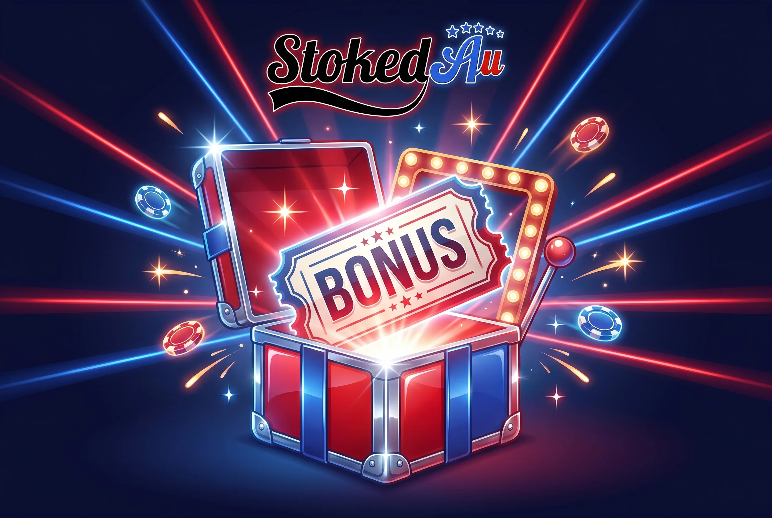 Stoked AU welcome bonus artwork with a gift box and bonus ticket.