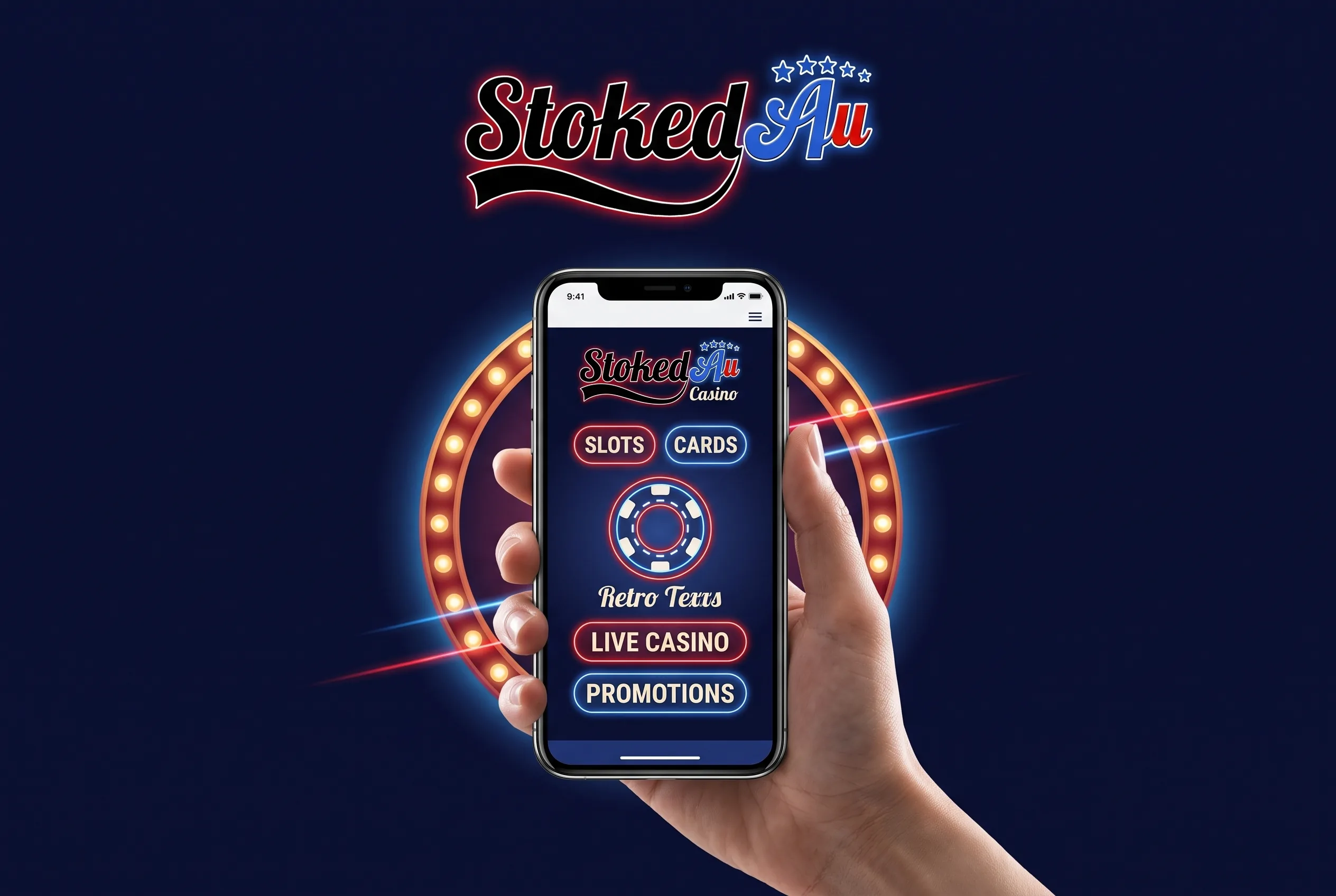 Stoked AU mobile browser artwork showing the casino on a phone.