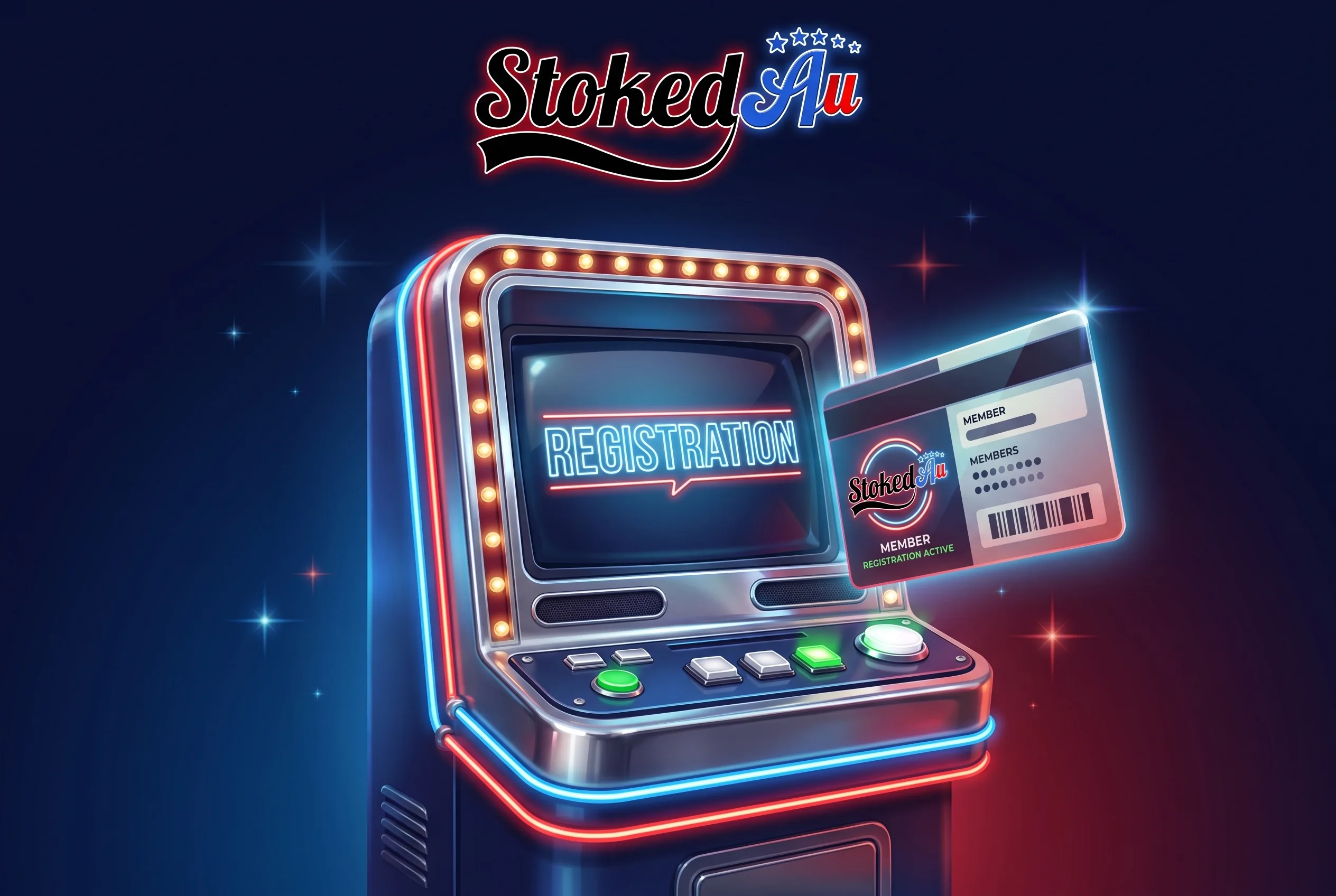 Stoked AU registration artwork with a sign-up screen and member card.