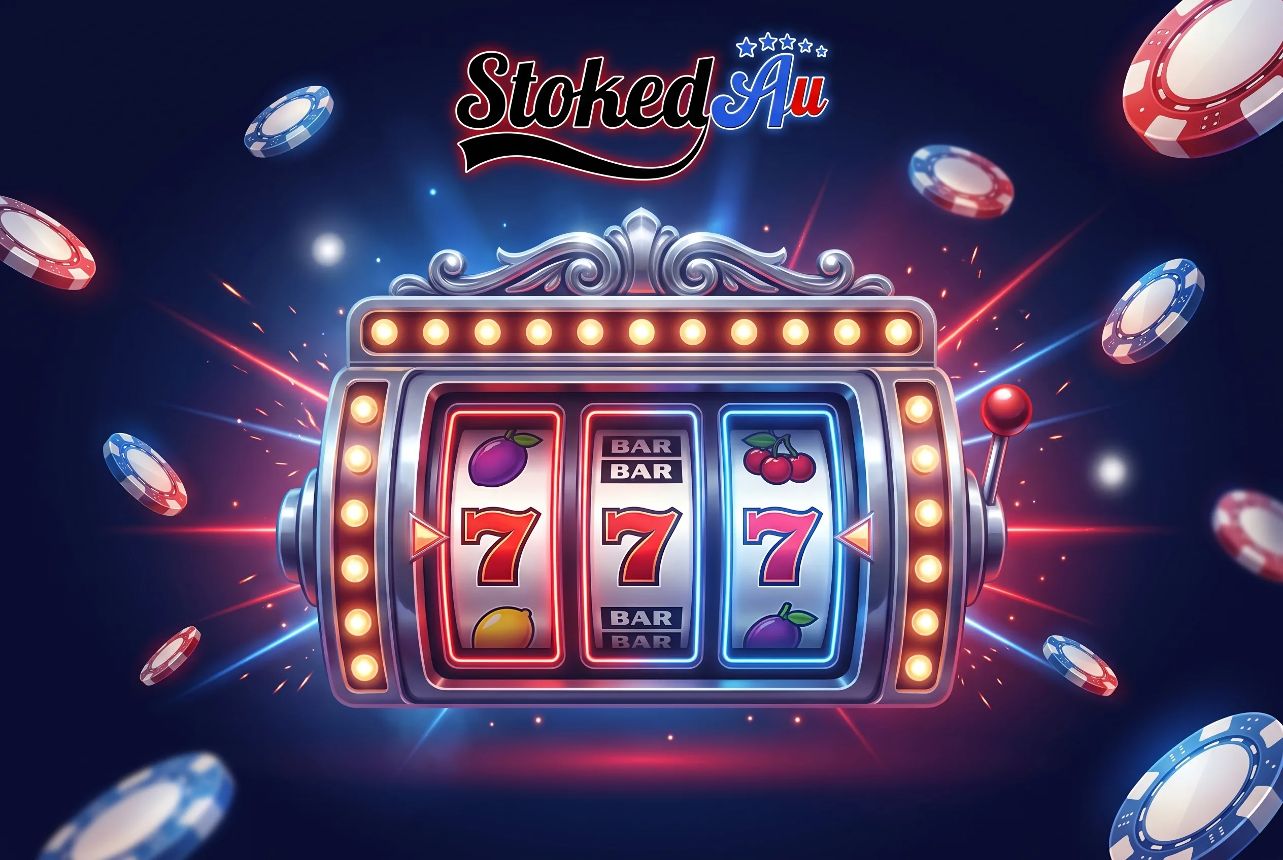 Stoked AU pokies artwork with a slot machine and the brand logo.